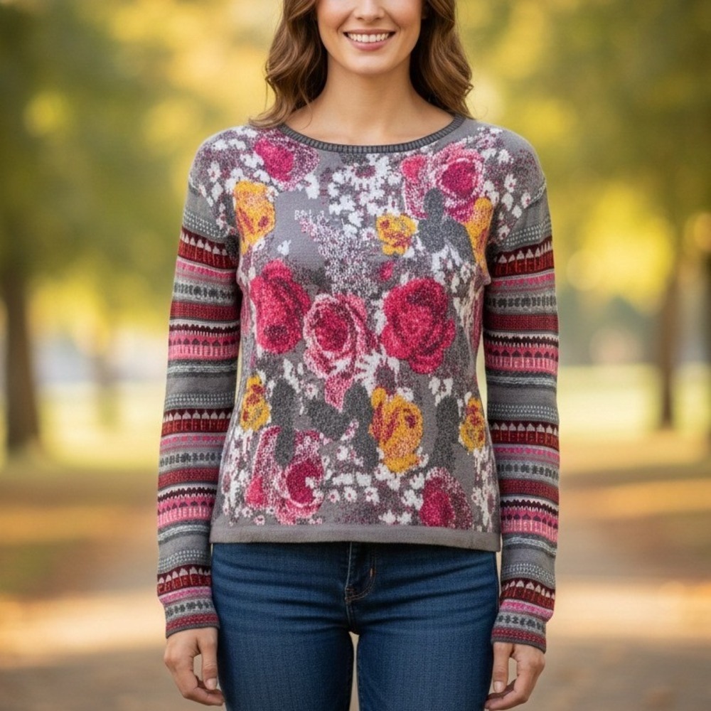 Sundance Gray Floral Fair Isle Lightweight Cotton Blend‎ Sweater Small Boho